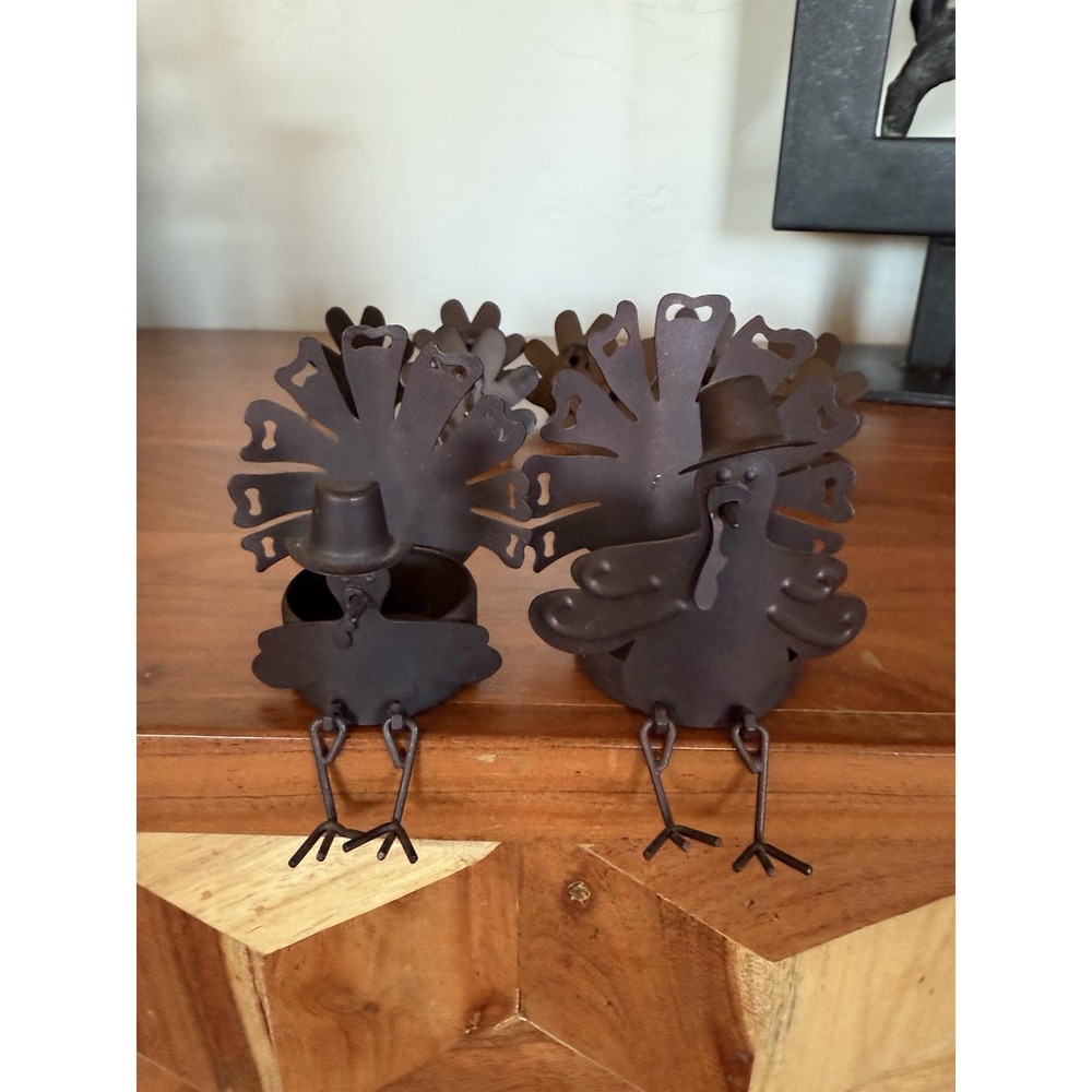 Vtg Turkey Shelf Sitters Tea Lights & Set 8 Napkin Holders Thanksgiving Yankee